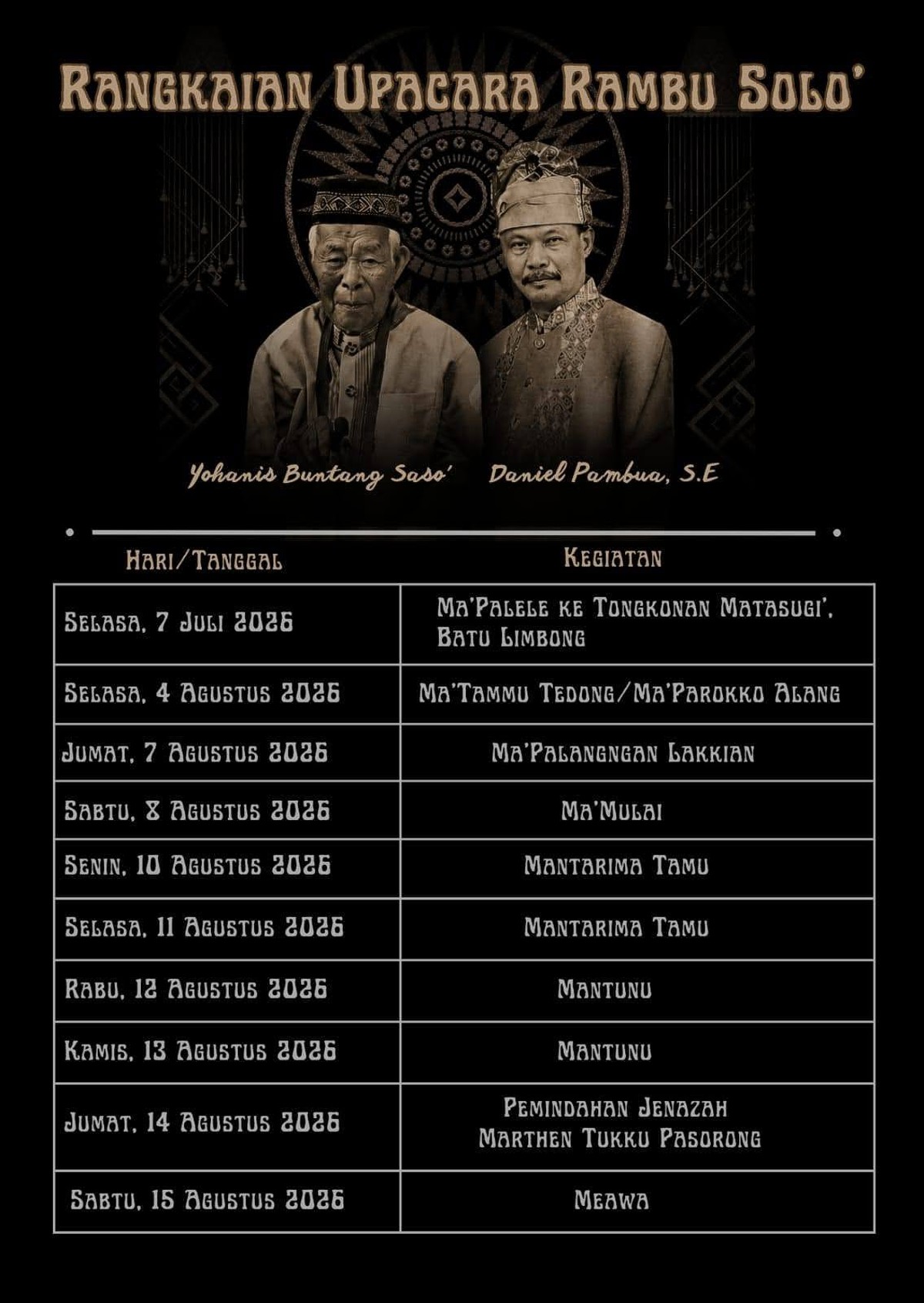 Pemakaman Adat Rambu Solo’ Alm. Yohanis Buntang Saso’ & Alm. Daniel Pambua’ – Agustus 2026