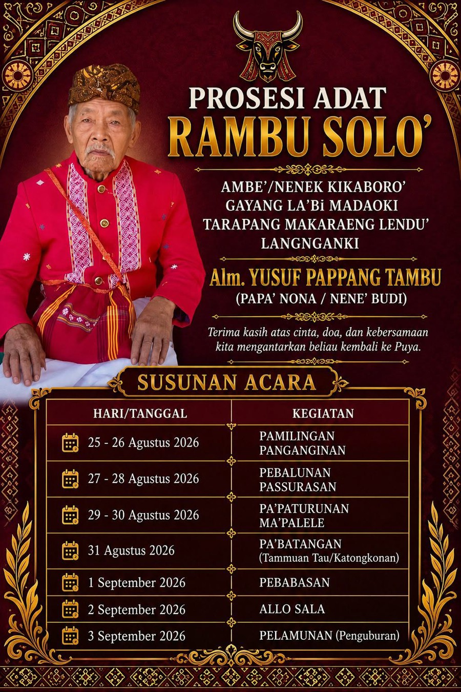 Pemakaman Adat Rambu Solo’ Alm. Yusuf Pappang Tambu (Nene’ Budi) – Agustus & September 2026 (1)