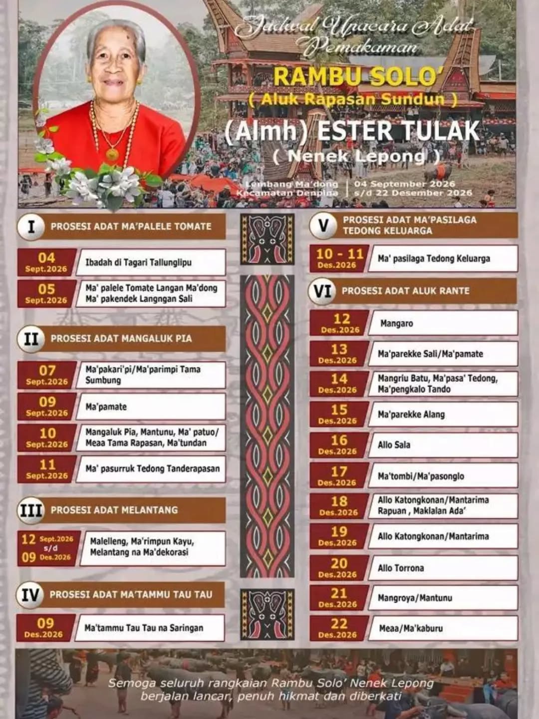 Rambu Solo’ (Acara Pemakaman Toraja) Almh. Ester Tulak (Nenek Lepong) - Desember 2026